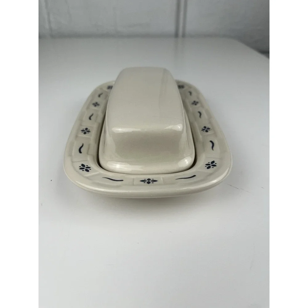 LONGABERGER Pottery Covered Butter Dish Woven Traditions Classic Blue 1997 USA